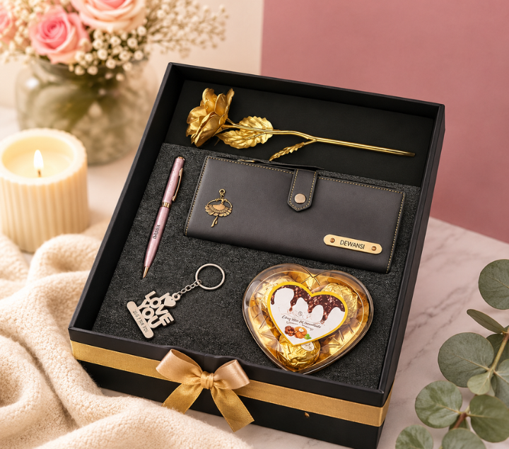 Personalized Gift Hamper for Her – Wallet, Pen, Keychain, Chocolate & Rose, Assorted Colours