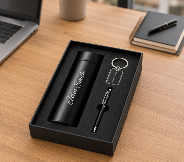 Personalized Gift Hamper Set – Wallet, Bottle, Pen & Keychain, Classic Black Edition