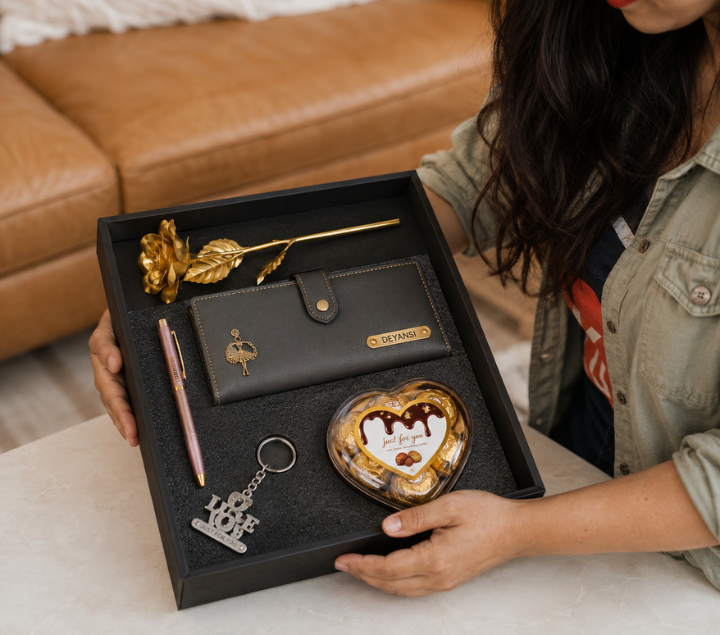 Personalized Gift Hamper for Her – Wallet, Pen, Keychain, Chocolate & Rose, Assorted Colours