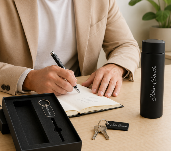 Personalized Gift Hamper Set – Wallet, Bottle, Pen & Keychain, Classic Black Edition