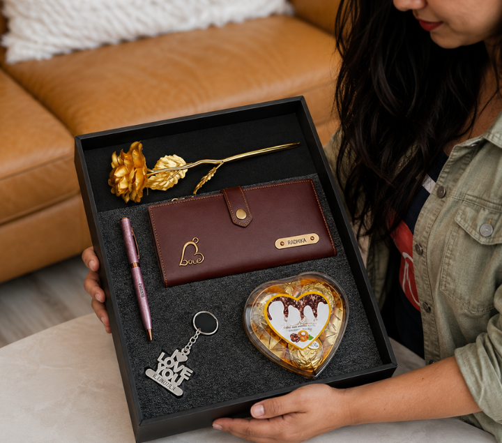 Personalized Gift Hamper for Her – Wallet, Pen, Keychain, Chocolate & Rose, Assorted Colours