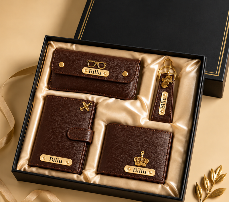 Personalized Gift Hamper Set – Wallet, Keychain, Passport Cover & Sunglasses Case, Assorted Colours