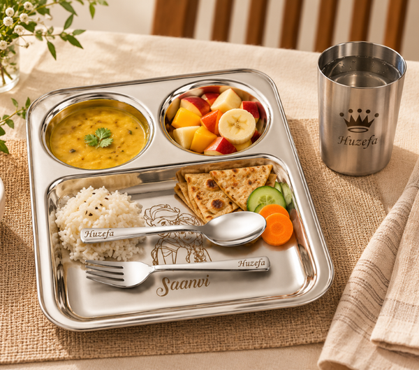 Personalized Steel Thali Set – Custom Engraved Silver Dining Set