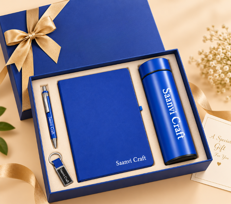 Personalized Gift Set – Bottle, Pen, Keychain & Diary, Blue