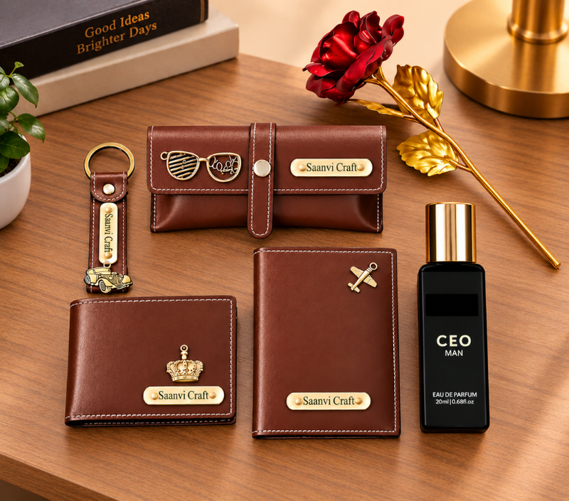 Personalized Gift Hamper Set – Wallet, Perfume & Rose