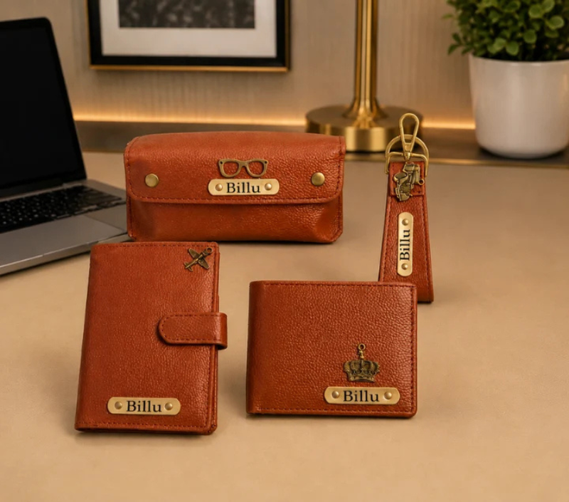 Personalized Gift Hamper Set – Wallet, Keychain, Passport Cover & Sunglasses Case, Assorted Colours
