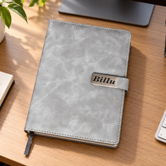 Personalized Grey Leather-Look Journal with Premium Metal Name Plate