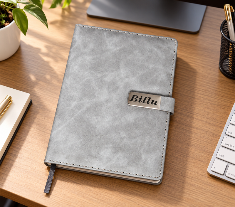 Personalized Grey Leather-Look Journal with Premium Metal Name Plate