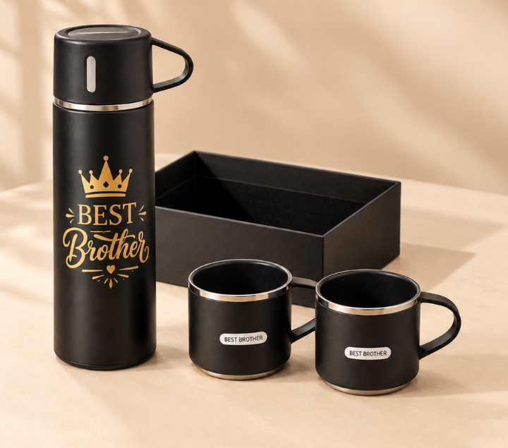 Personalized Bottle & Mug Gift Set – Name-Printed Bottle with 2 Mugs, Assorted Colours