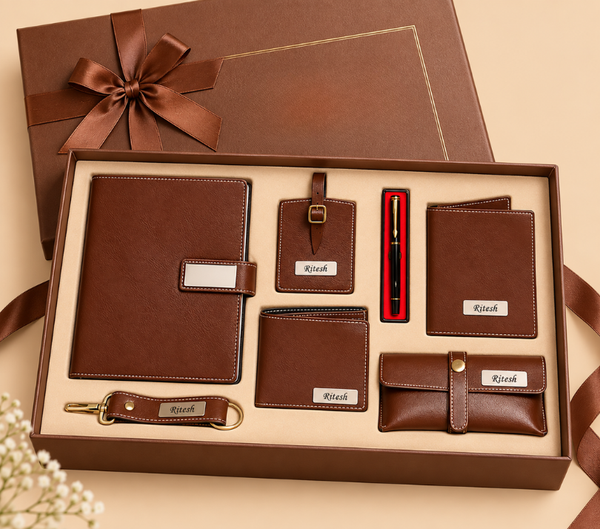 Personalized 7-Piece Luxury Gift Set for Men – Wallet, Notebook, Passport Cover & Accessories