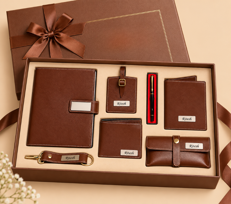 Personalized 7-Piece Luxury Gift Set for Men – Wallet, Notebook, Passport Cover & Accessories