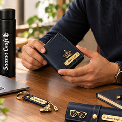 Personalized Black Gift Hamper Set – Wallet, LED Bottle, Sunglass Holder, Keychain & Passport Cover
