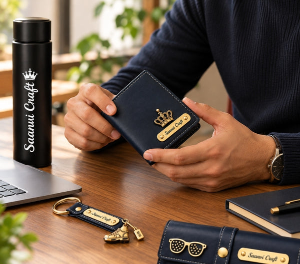 Personalized Gift Hamper Set – Wallet, LED Bottle & Passport Cover