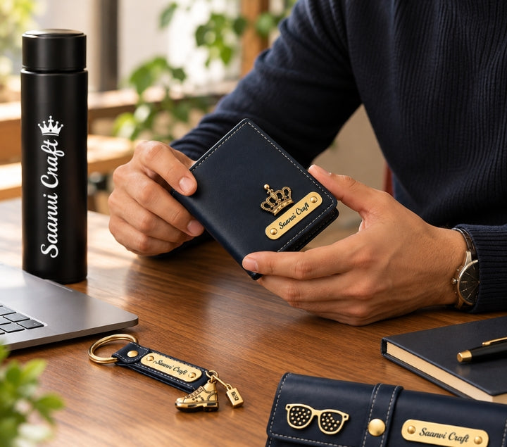 Personalized Black Gift Hamper Set – Wallet, LED Bottle, Sunglass Holder, Keychain & Passport Cover