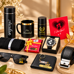 Luxury Personalized Black Birthday Gift Hamper for Men – Watch, Sunglasses, Wallet, Belt, Mug & Perfume Gift Set