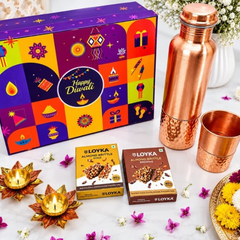 Premium Copper Diwali Gift Hamper with Bottle, Glass, Diyas & Almond Brittle