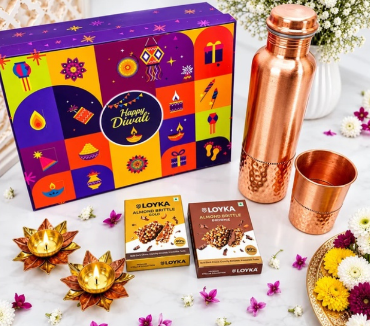 Premium Copper Diwali Gift Hamper with Bottle, Glass, Diyas & Almond Brittle