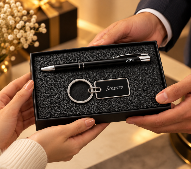 Personalized Pen & Keychain Gift Set – Rose & Sourav