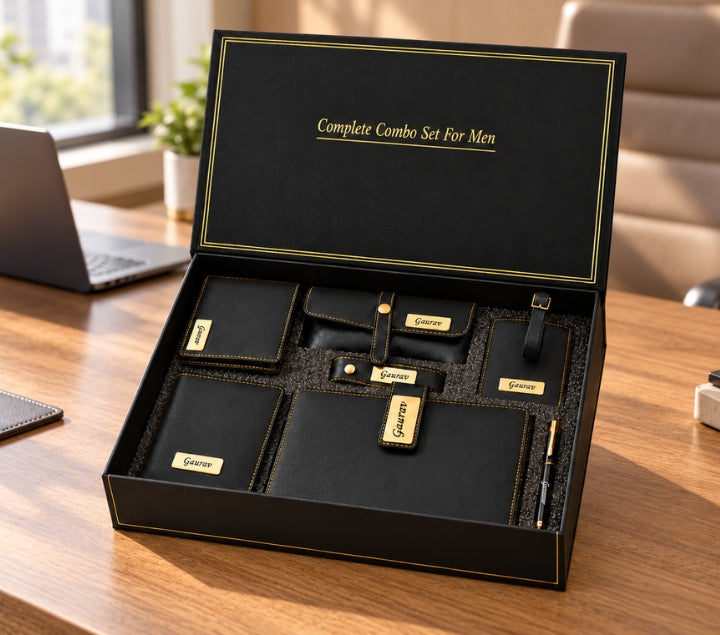 Personalized Travel Gift Set – Wallet, Keychain & Passport Cover, Navy, Brown & Black