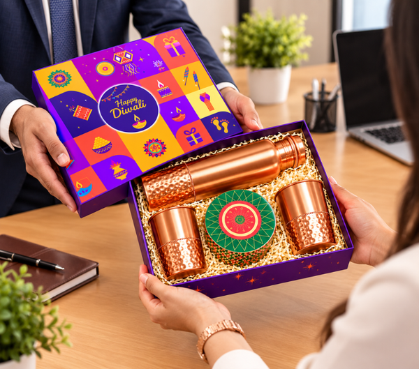 Premium Copper Diwali Gift Set with Bottle, Glasses & Decorative Box