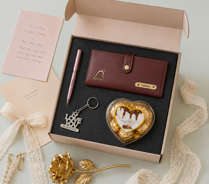 Personalized Gift Hamper for Her – Wallet, Pen, Keychain, Chocolate & Rose, Assorted Colours