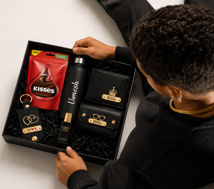 Personalized Gift Hamper Set – Wallet, Bottle, Keychain & Eyewear Case