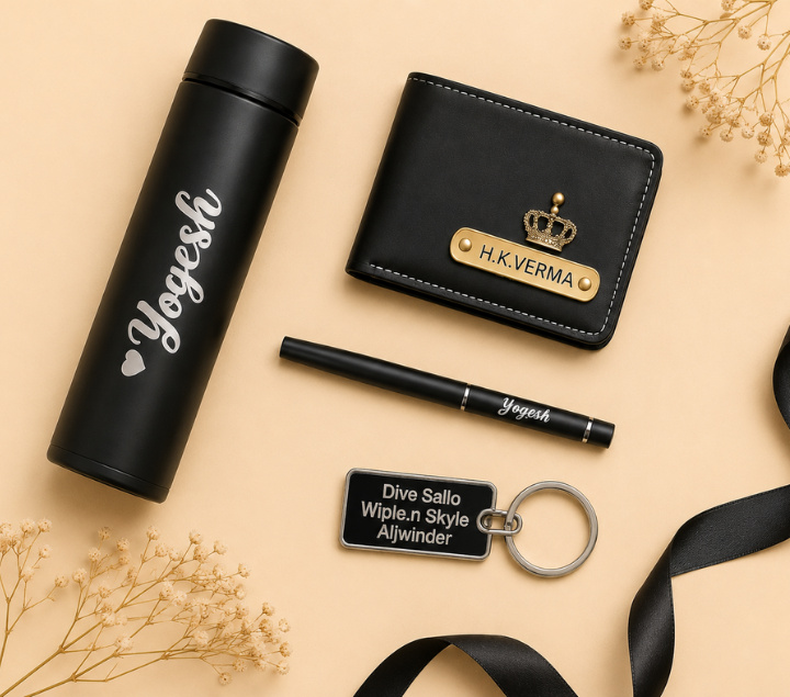Personalized Gift Hamper Set – Wallet, Bottle, Keychain & Pen