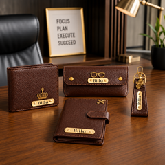 Personalized Gift Hamper Set – Wallet, Keychain, Passport Cover & Sunglasses Case, Assorted Colours