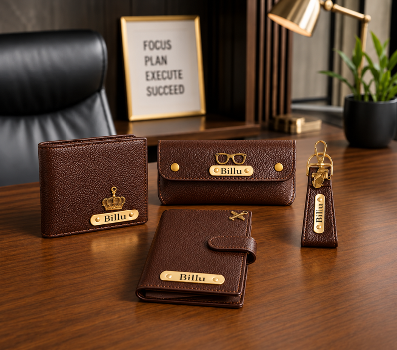 Personalized Gift Hamper Set – Wallet, Keychain, Passport Cover & Sunglasses Case, Assorted Colours