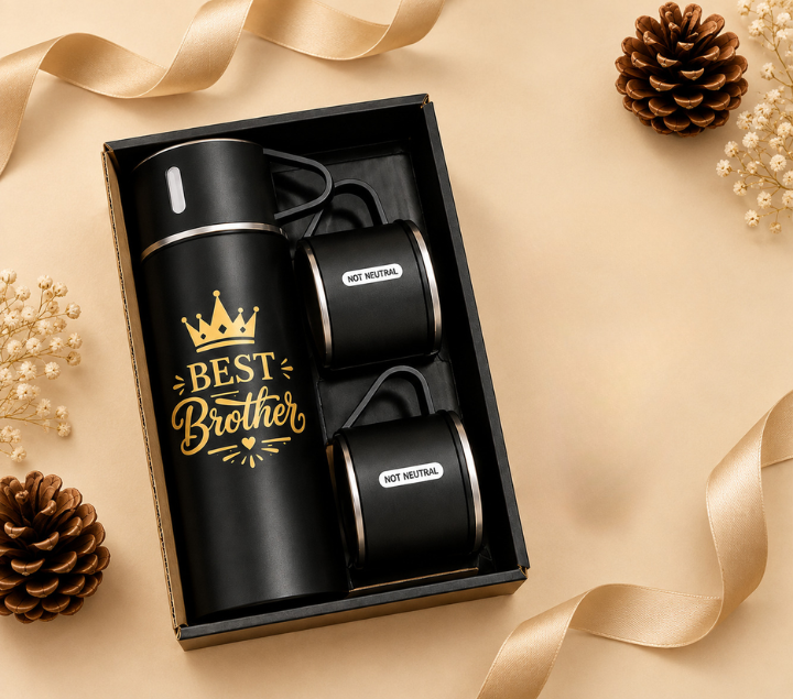 Personalized Bottle & Mug Gift Set – Name-Printed Bottle with 2 Mugs, Assorted Colours