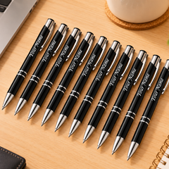 Personalized Premium Metal Ballpoint Pen – Black & Silver, Smooth Writing Pen with Custom Name Engraving