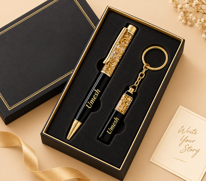 Personalized Gift Hamper Set – Pen & Keychain, Black