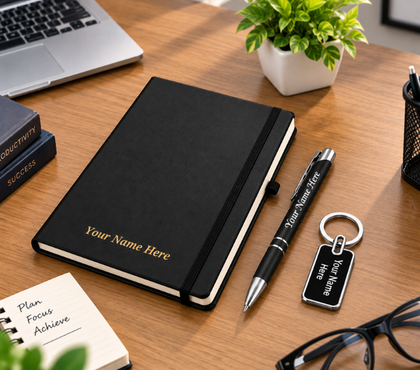 Personalized A5 Notebook Gift Set – Custom Name Diary, Pen & Keychain