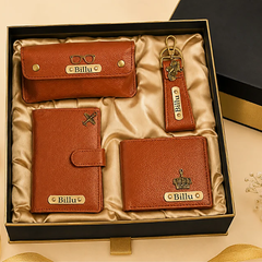 Personalized Gift Hamper Set – Wallet, Keychain, Passport Cover & Sunglasses Case, Assorted Colours