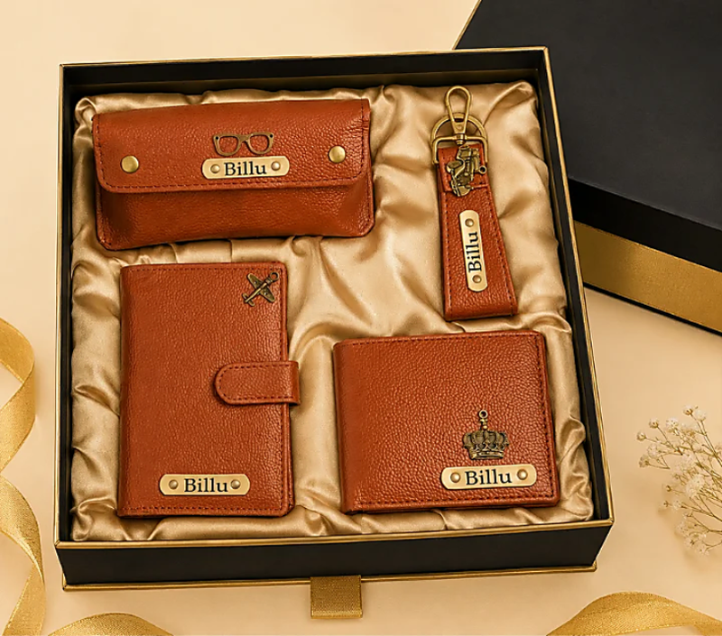 Personalized Gift Hamper Set – Wallet, Keychain, Passport Cover & Sunglasses Case, Assorted Colours