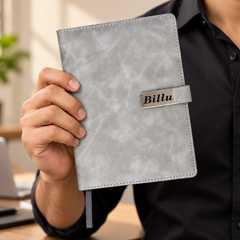 Personalized Grey Leather-Look Journal with Premium Metal Name Plate