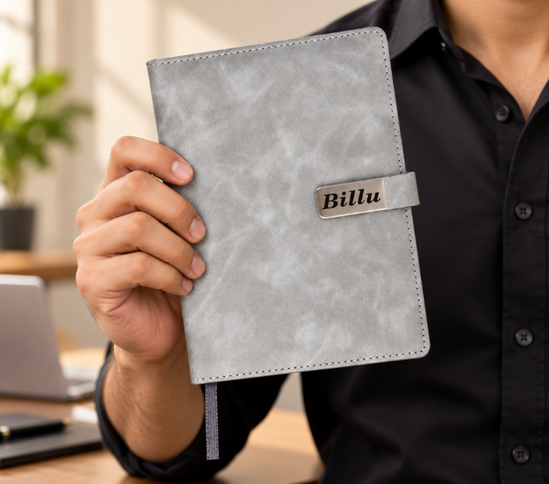 Personalized Grey Leather-Look Journal with Premium Metal Name Plate