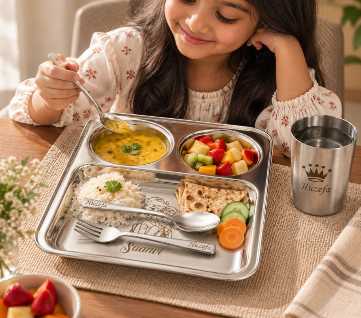 Personalized Steel Thali Set – Custom Engraved Silver Dining Set