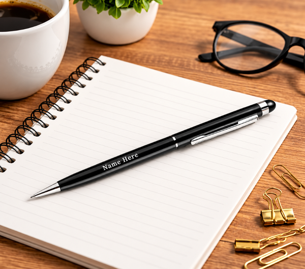 Personalized Premium Black Ballpoint Pen with Stylus – Elegant Gift Pen
