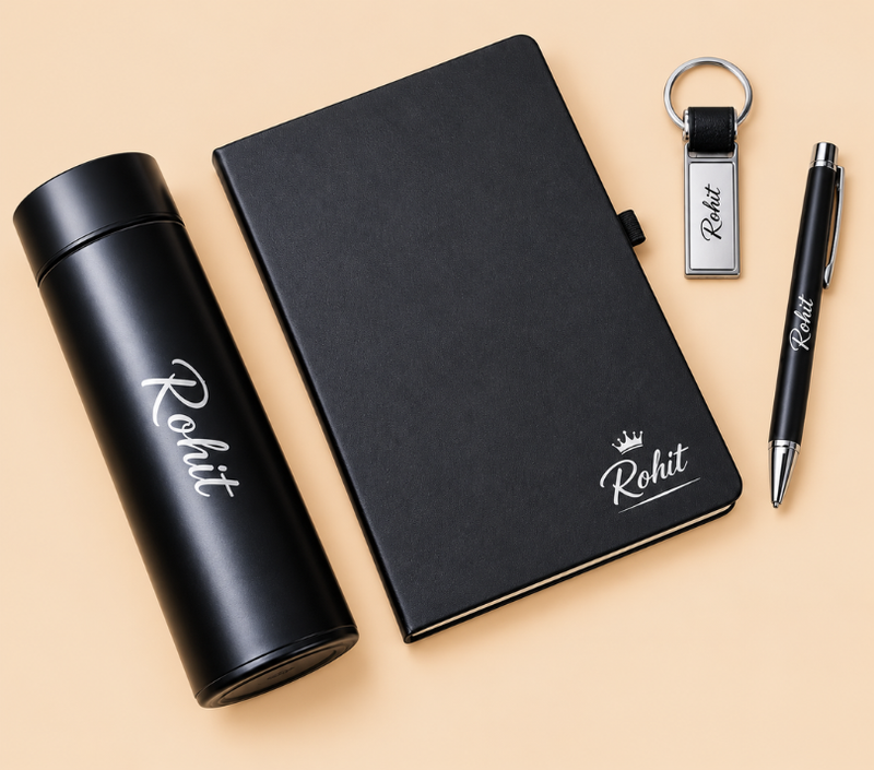 Personalized Gift Set – Bottle, Pen, Keychain & Diary, Blue