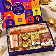 Premium Copper Diwali Gift Hamper with Bottle, Glass, Diyas & Almond Brittle