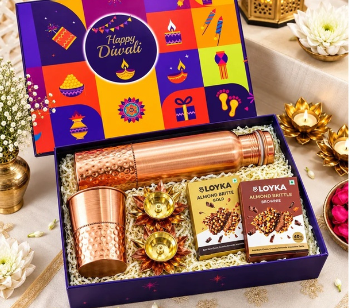 Premium Copper Diwali Gift Hamper with Bottle, Glass, Diyas & Almond Brittle