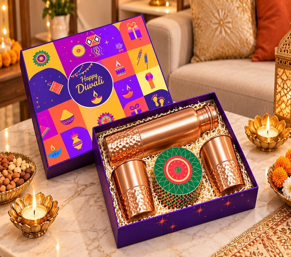 Premium Copper Diwali Gift Set with Bottle, Glasses & Decorative Box