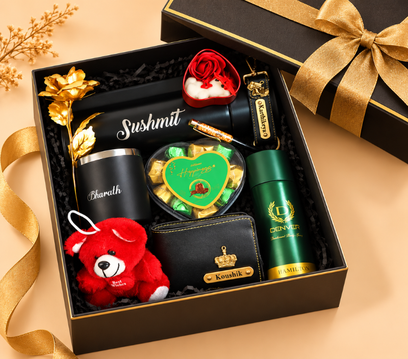 Personalized Luxury Gift Hamper with Teddy Bear, Wallet, Tumbler & Chocolates