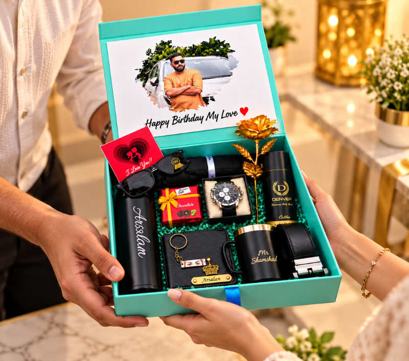 Luxury Personalized Black Birthday Gift Hamper for Men – Watch, Sunglasses, Wallet, Belt, Mug & Perfume Gift Set