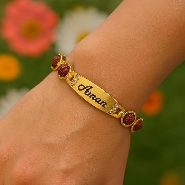 Personalized Rudraksha Name Rakhi Bracelet | Custom Name Engraved Gold-Tone Bracelet with Rudraksha Beads