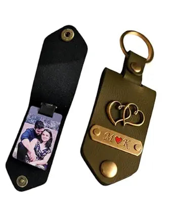 Personalized Leather Photo Keychain with Custom Name & Initials