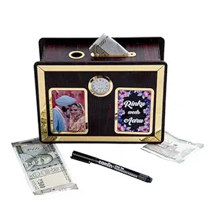 Gifts Wooden Photo Money Bank Saving Box/Piggy Bank for Adults & Kids Perfect for Savings Challenges, Birthdays, and Gifts 20 x 15 cm, Brown and Gold (Customized) (Money Ban