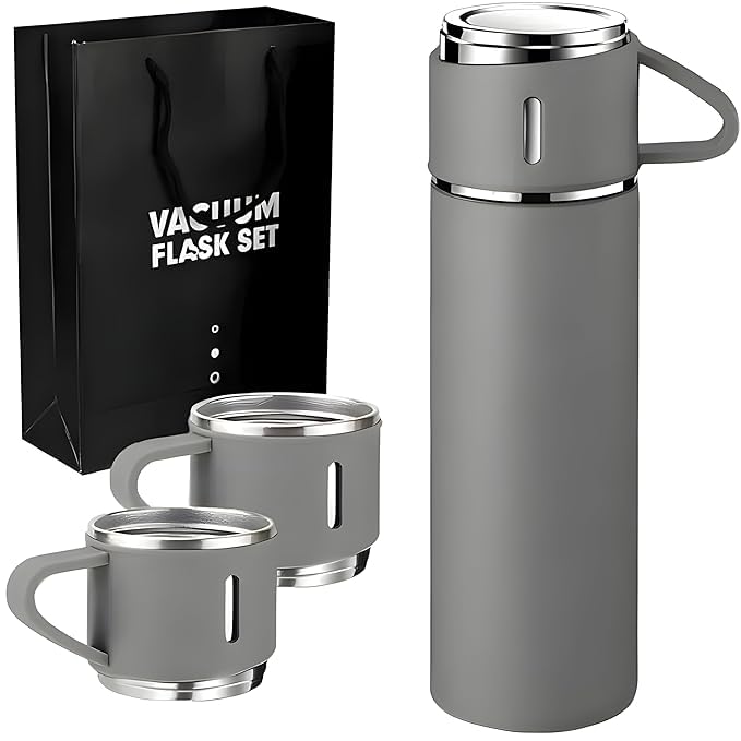 Your Name Customized Double Wall Stainless Steel Thermo 500ml Vacuum Insulated Bottle Water Gift Set with Two Cups - Corporate Gift Items, Personalized Gifts (Grey)