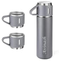 Your Name Customized Double Wall Stainless Steel Thermo 500ml Vacuum Insulated Bottle Water Gift Set with Two Cups - Corporate Gift Items, Personalized Gifts (Grey)